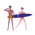 Swimming man and woman with surfboard and drink isolated icon surfing