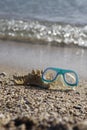 A swimming mask and a starfish lie on a sandy beach, and the waves are foaming behind. Vacation on the seashore. Sunny weather.