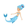 Swimming mermaid girl with happy face expression, blue hair and fish tail. Cartoon fantastic creature from underwater