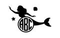 Swimming mermaid with monogram. Kids monogram. Little creature with tail black symbol. Magical mermaids and siren logo