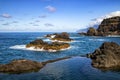 Swimming natural pools of volcanic lava in Seixal, Madeira island, Portugal, Europe. There is beautiful view on sea