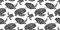 Swimming ornate turtles seamless pattern. Vector black ink drawing animal background. Hand drawn monochrome graphic illustration Royalty Free Stock Photo