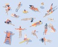 Swimming people. Cartoon characters doing summer activities in water, swimming sunbathing surfing