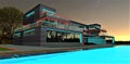 Swimming pool with amazing turquoise water at night. Luxury country estate illuminated with red and turquoise. 3d rendering
