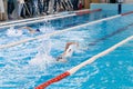 Swimming pool athlete training indoors for professional competition. Teenager swimmer doing free style Royalty Free Stock Photo