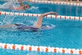 Swimming pool athlete training indoors for professional competition. Teenager swimmer doing free style Royalty Free Stock Photo