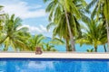 Swimming pool blue water, sea beach poolside, tropical island nature, green palm trees, ocean coast, summer holidays, vacation Royalty Free Stock Photo