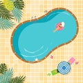 Swimming pool cartoon vector with people in the water top view. Swimming pool with umbrella and tree vector illustration