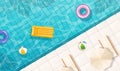Swimming pool with clear water rubber ring and floating mattress ceramic tiles on the bottom vector illustration