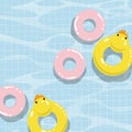 Swimming pool with colorful floats, top view vector illustration