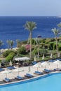 Swimming pool early in the morning next to the red sea in the resort hotel in Sharm El Sheikh, South Sinai, Egypt Royalty Free Stock Photo