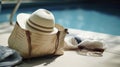 Swimming pool essentials concept. Beach bag with items for safe sunbathing on the deck, sunglasses, straw hat, AI Generative