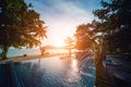 Swimming pool at exotic tropical resort. Exotic garden. Royalty Free Stock Photo