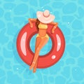 Swimming pool female girl broad-brim hat swim ring flat design vector illustration Royalty Free Stock Photo