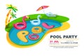 Swimming pool with floating kids toys. Vector illustration. Beach party poster, flyer, banner design template.