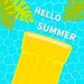 Swimming pool. Floating yellow air pool float water mattress. Top aerial view. Hello Summer. Palm tree leaf. Cute cartoon relaxing