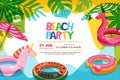 Swimming pool frame with flamingo and unicorn float kids toys. Beach party vector summer poster, banner design template.