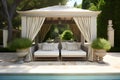 Swimming Pool of French Chic Style Shaded Daybeds. AI Generated