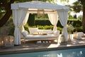 Swimming Pool of French Chic Style Shaded Daybeds. AI Generated