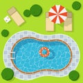 Swimming pool on green meadow with umbrella and chaise lounge. Royalty Free Stock Photo