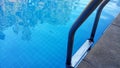 A swimming pool handrail with the reflection if trees on the surface of the swimmming pool Royalty Free Stock Photo