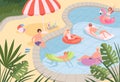 Swimming pool. Happy characters family couples relax on the beach or pool outdoor vacation kids playing on rubber