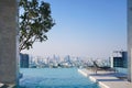 Swimming pool. Swimming pool on the high rise building with cityscape view. Selective focus on the tree