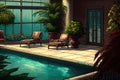 swimming pool in hotel, with lounge chairs and potted plants for a relaxing getaway Royalty Free Stock Photo