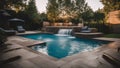 swimming pool in hotel Residential inground swimming pool in backyard with waterfall and hot tub Royalty Free Stock Photo