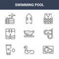 9 swimming pool icons pack. trendy swimming pool icons on white background. thin outline line icons such as pool, diving, rescue Royalty Free Stock Photo