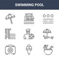 9 swimming pool icons pack. trendy swimming pool icons on white background. thin outline line icons such as coconut drink, sunbed Royalty Free Stock Photo