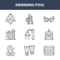 9 swimming pool icons pack. trendy swimming pool icons on white background. thin outline line icons such as towel, float, Royalty Free Stock Photo