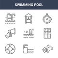 9 swimming pool icons pack. trendy swimming pool icons on white background. thin outline line icons such as whistle, lockers, Royalty Free Stock Photo