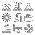 Swimming Pool Icons Set on White Background. Line Style Vector Royalty Free Stock Photo