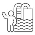 Swimming pool with ladder and person thin line icon, waterpark concept, swimmer sign on white background, Summer pool