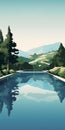 Swimming Pool With Lake And Mountain View In The Style Of Emiliano Ponzi