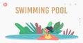 Swimming Pool Landing Page Template. Little Girl Character in Swimwear Playing in Aqua Park, Kid Fun on Summer Vacation