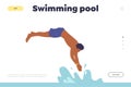 Swimming pool landing page template with male swimmer character training or rest jumping to water