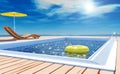 Swimming pool with life ring, beach lounger, sun deck on sea view for summer vacation