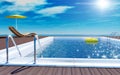 Swimming pool with life ring, beach lounger, sun deck on sea view for summer vacation Royalty Free Stock Photo