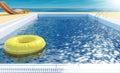 Swimming pool with life ring, beach lounger, sun deck on sea view for summer vacation Royalty Free Stock Photo