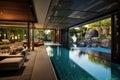 Swimming pool and lounge area of a modern luxury villa, interior Inviting Retreat, Contemporary Residence luxury villa with large Royalty Free Stock Photo