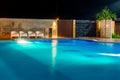 Swimming pool at a luxury Caribbean, tropical resort at night, dawn time. Royalty Free Stock Photo