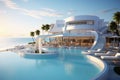 Swimming pool in luxury villa with sea view. 3d rendering, Sea view, a luxury modern white beach hotel with a swimming pool, AI Royalty Free Stock Photo