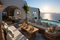 Swimming pool at luxury villa with sea view at sunset. ia generated