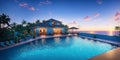 A swimming pool next to luxury bungalow or villa suitable for big party. Sunset light, golden hour, blue hour. Neon