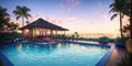 A swimming pool next to luxury bungalow or villa suitable for big party. Sunset light, golden hour, blue hour. Neon