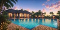 A swimming pool next to luxury bungalow or villa suitable for big party. Sunset light, golden hour, blue hour. Neon