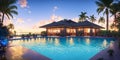 A swimming pool next to luxury bungalow or villa suitable for big party. Sunset light, golden hour, blue hour. Neon