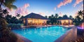 A swimming pool next to luxury bungalow or villa suitable for big party. Sunset light, golden hour, blue hour. Neon